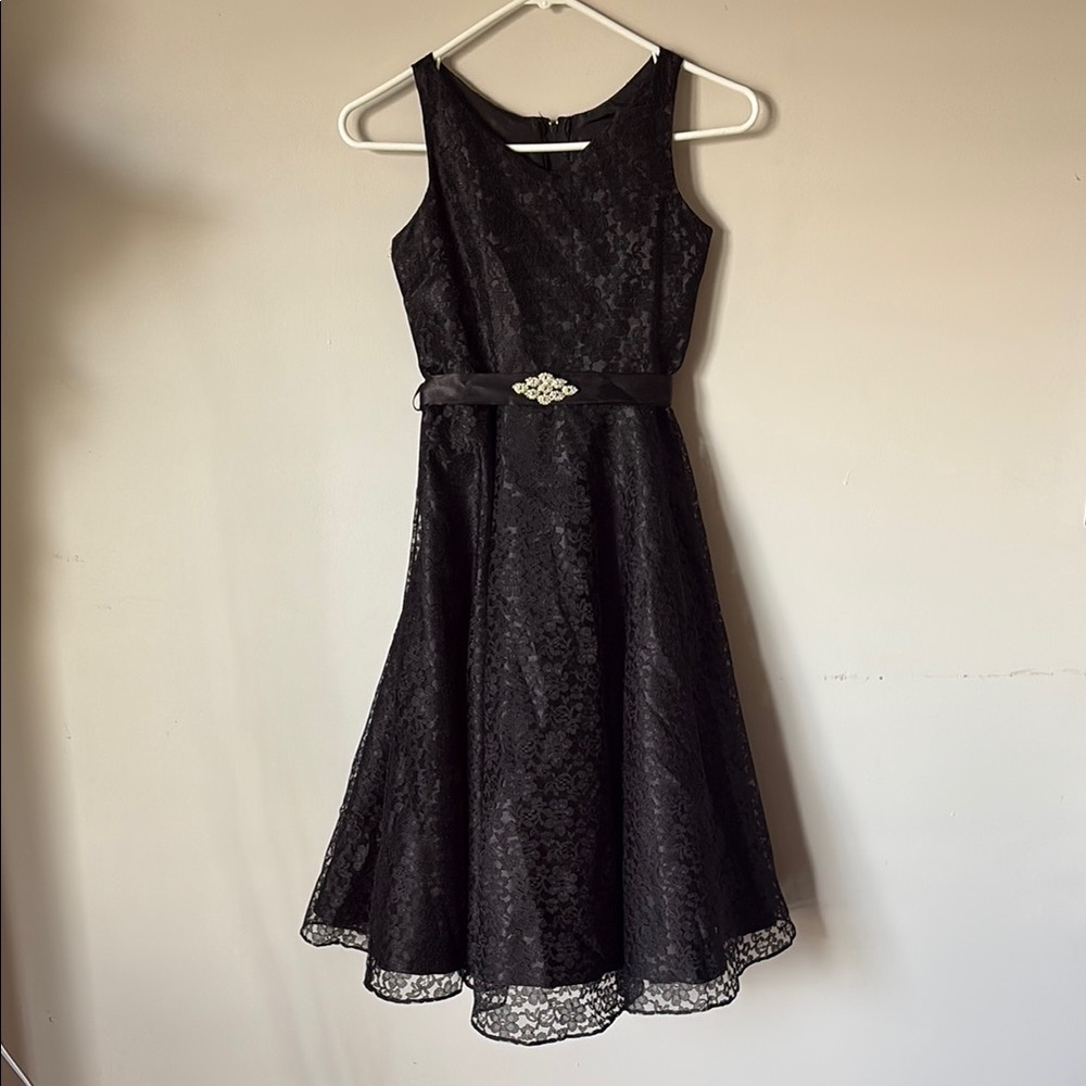 Elegant Black Lace Dress with Belt